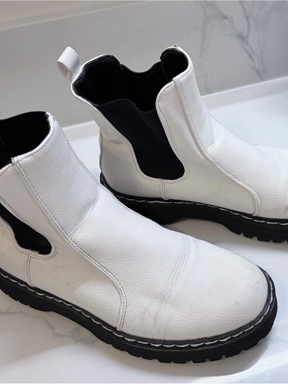 White Leather Chelsea Boots with Black Elastic Panels